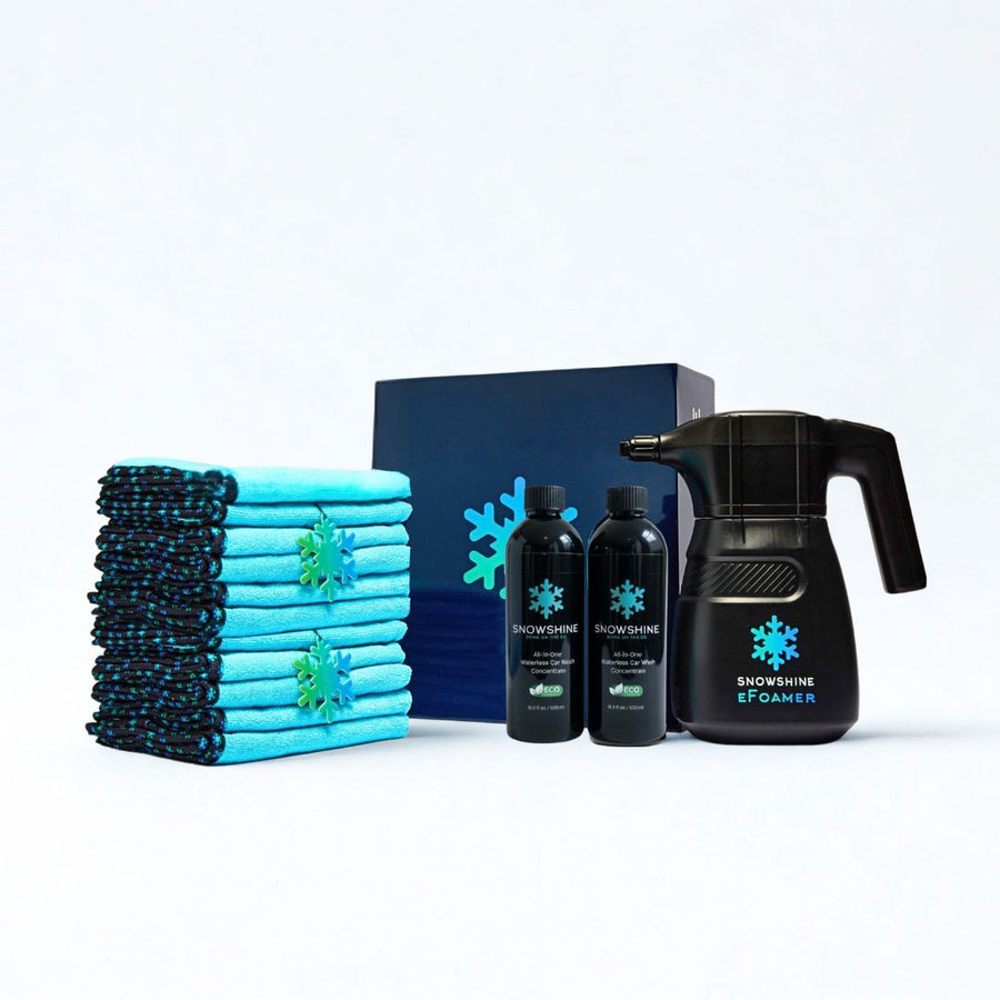 SnowShine Signature Plus+ waterless car wash kit with electric foam sprayer, 2X concentrate and microfiber towels